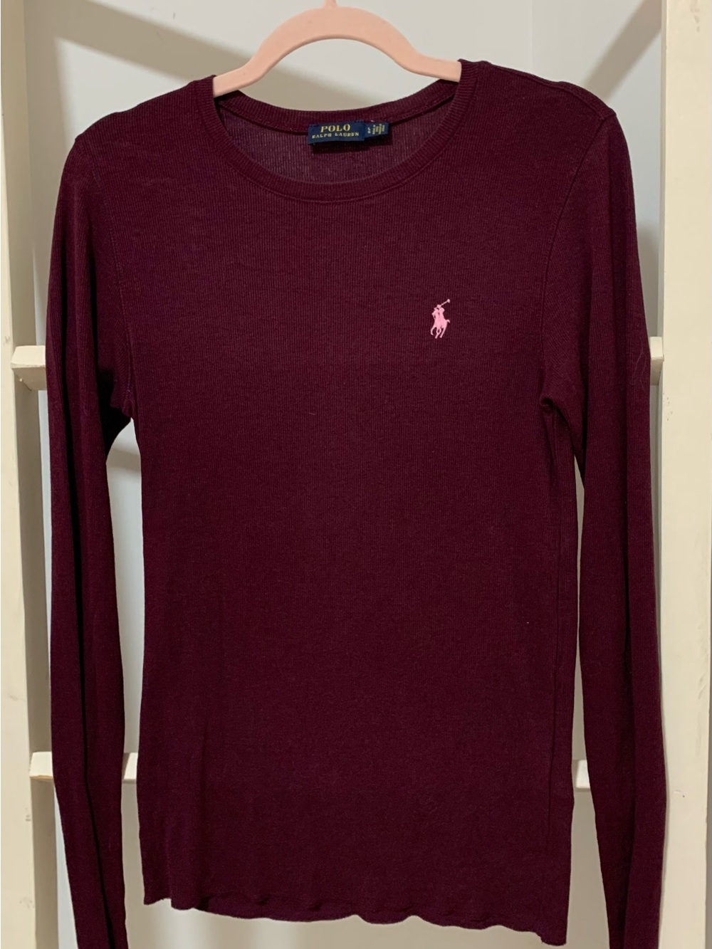 Ralph Lauren Long-Sleeve Crewneck Top in Burgundy with Pink Logo